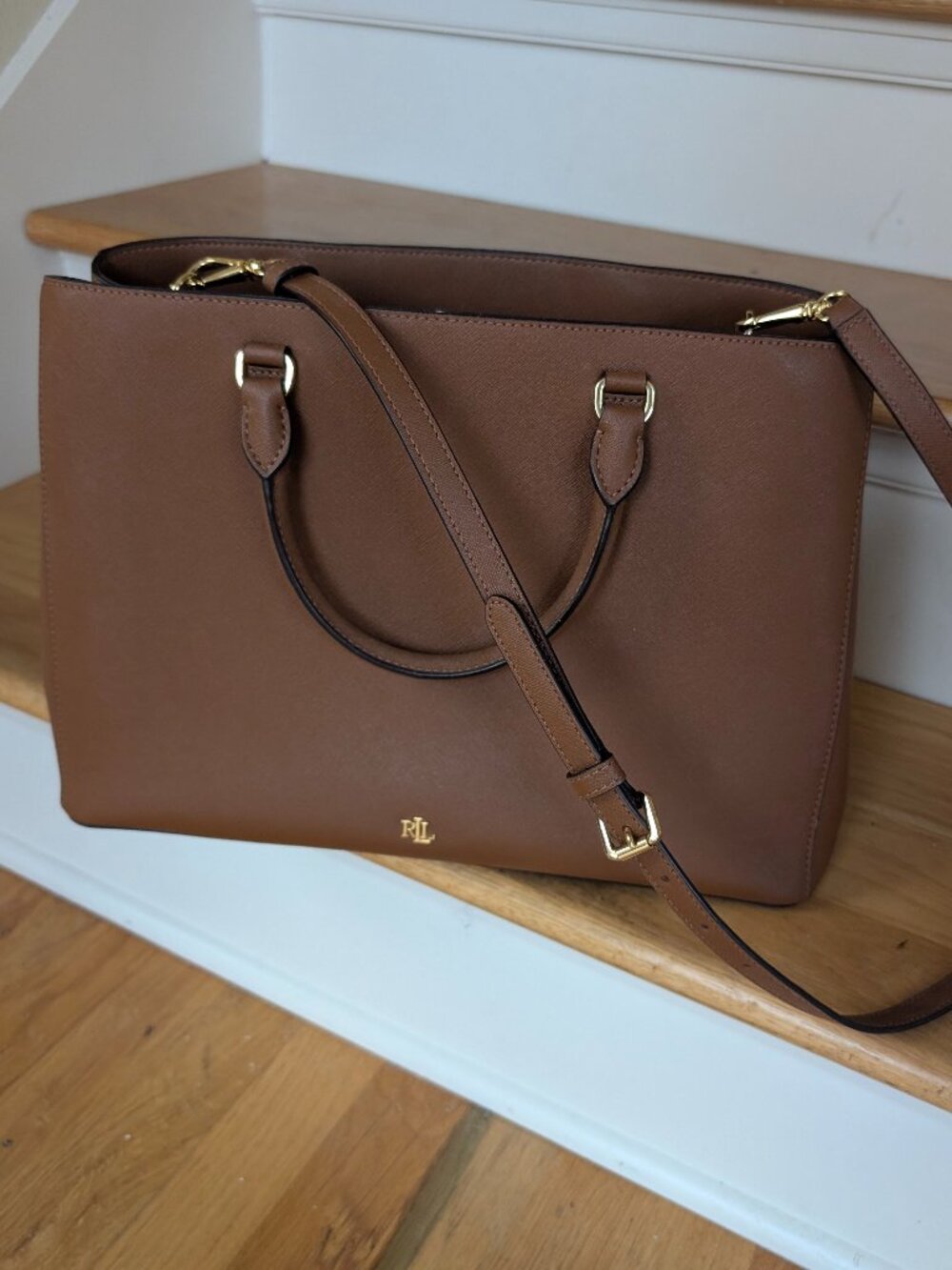 Lauren Ralph Lauren Hanna Large Crosshatch Leather Satchel Bag in 'Lauren Tan'